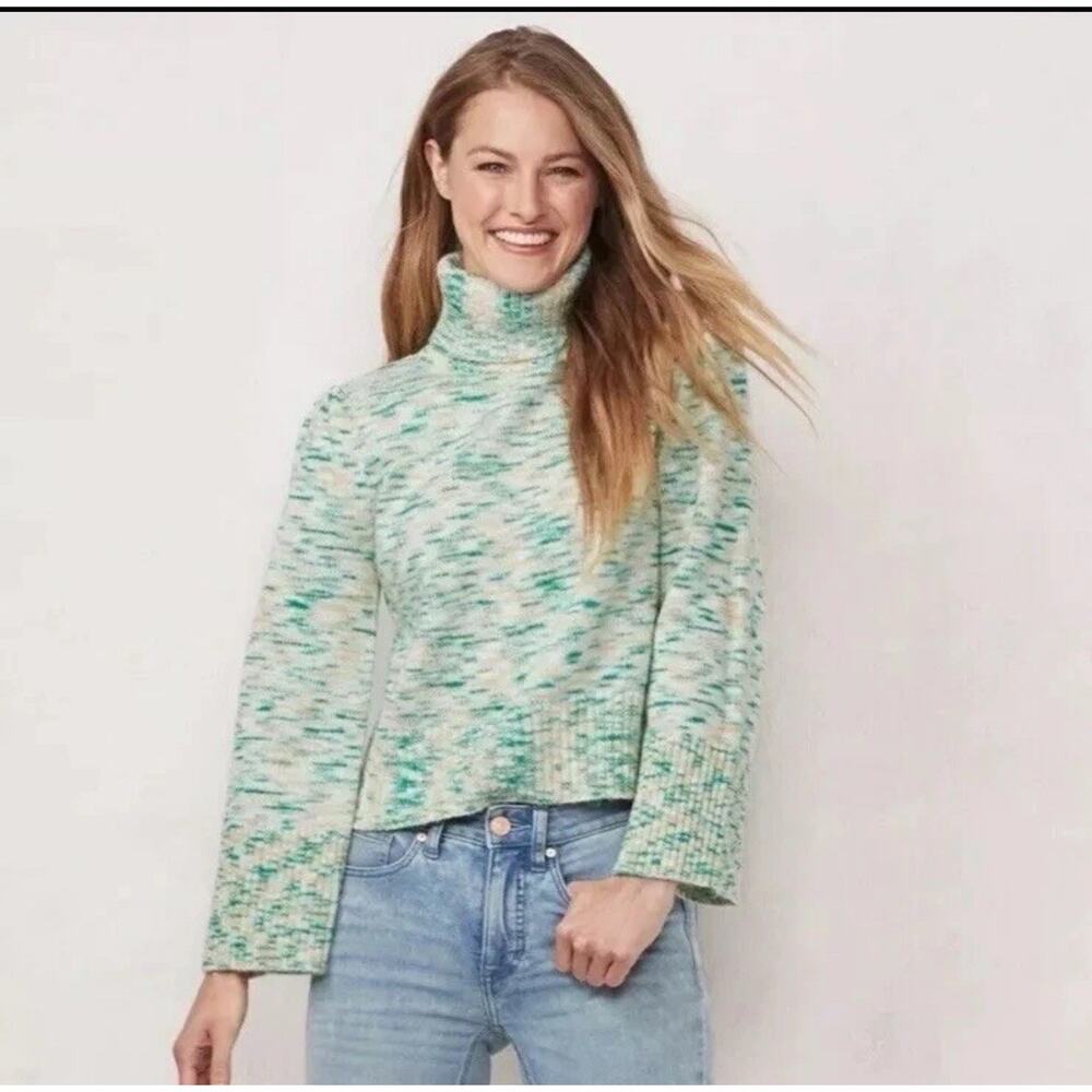 LC Lauren Conrad Bell Sleeve Knit Sweater Green White Space Dye Turtleneck Large